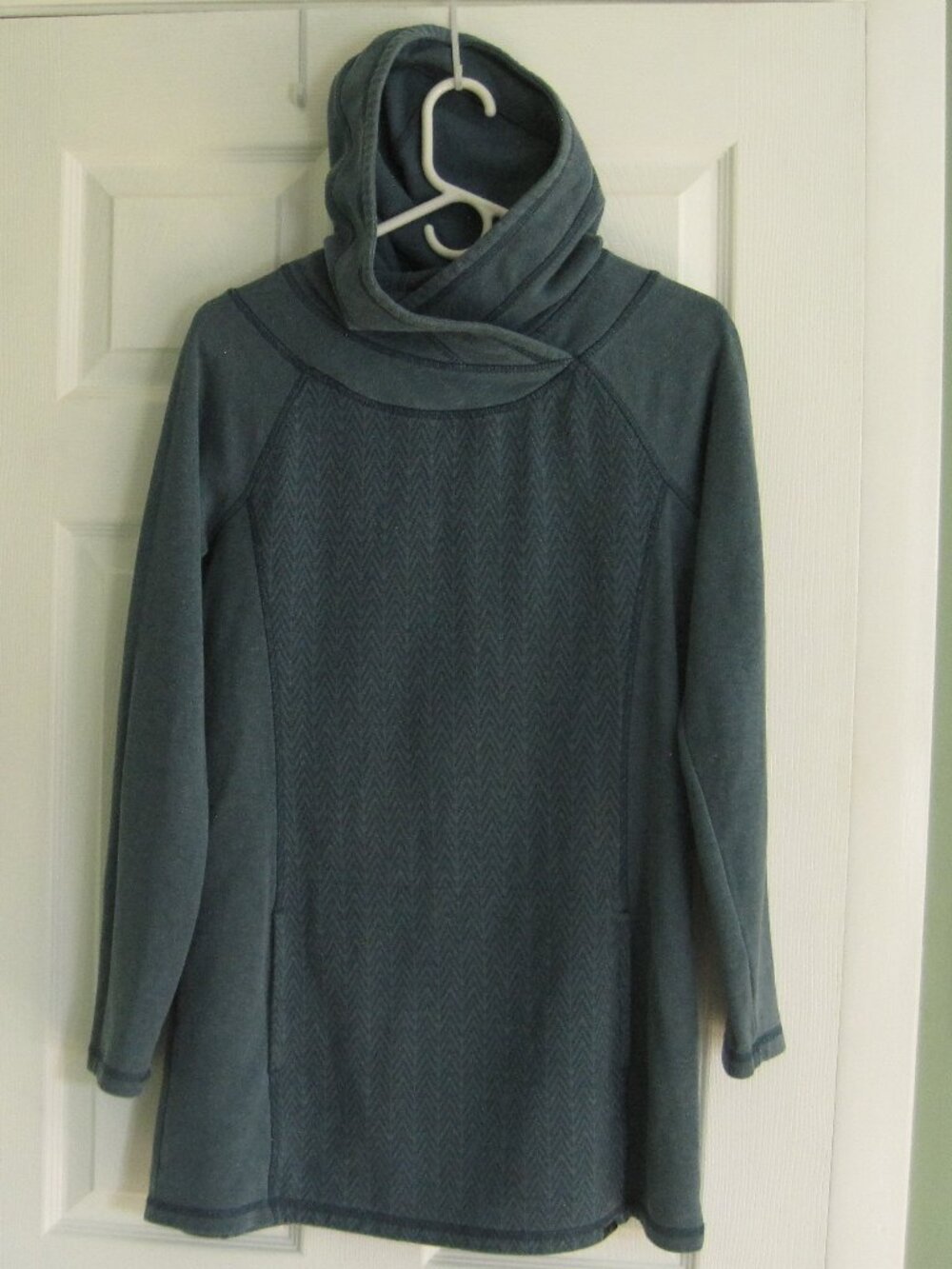 prAna Tunic Hooded Sweatshirt Dress Size M Green Herringbone Long Sleeve Hemp